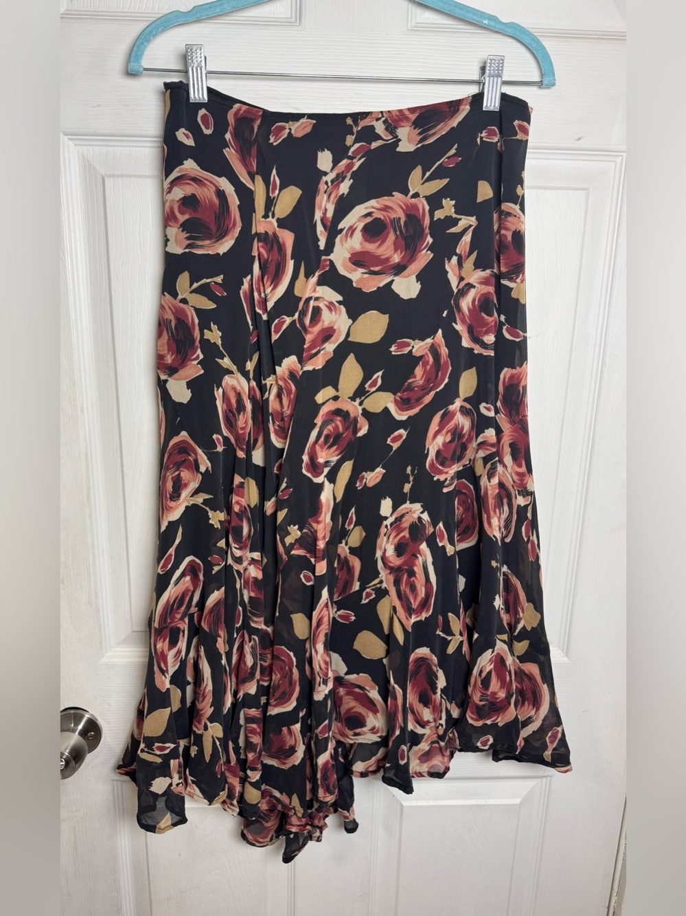 VTG Anne Klein Silk Floral Asymmetrical Ruffle Midi Skirt Flowy Moody Boho 90s